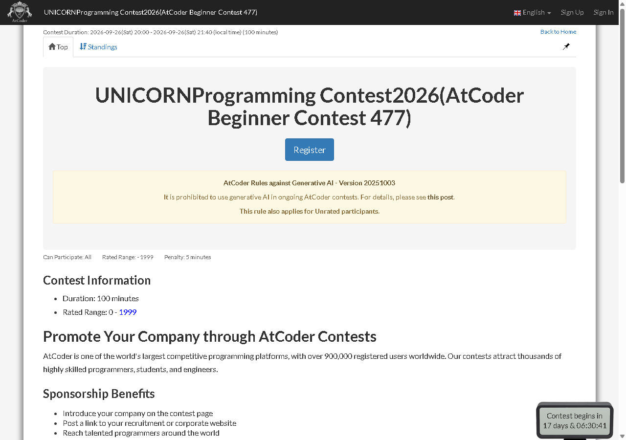 UNICORNProgramming Contest2026(AtCoder Beginner Contest 477)
