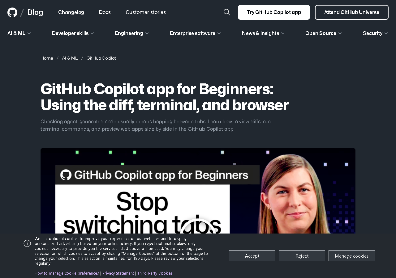 GitHub Copilot app for Beginners: Using the diff, terminal, and browser