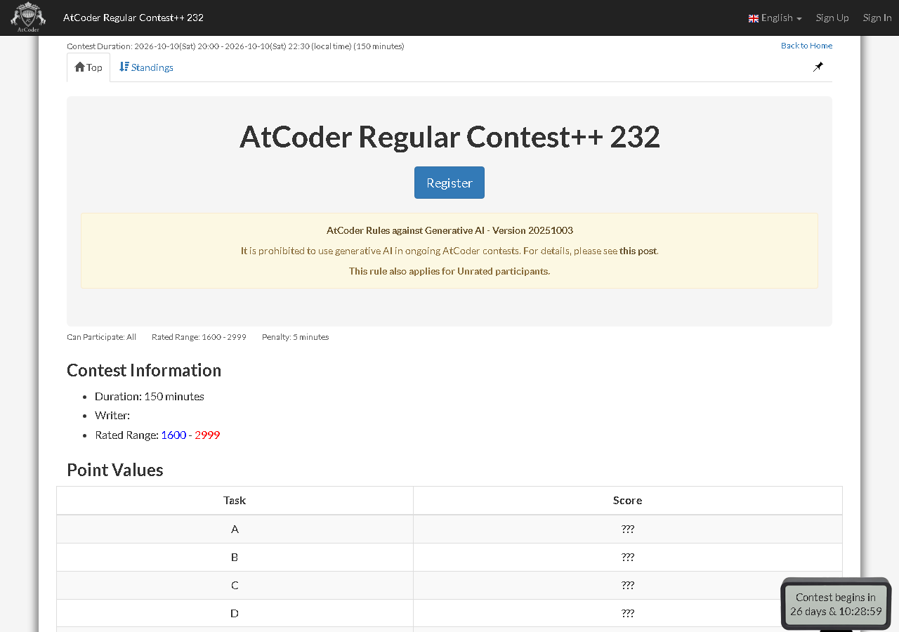 AtCoder Regular Contest++ 232