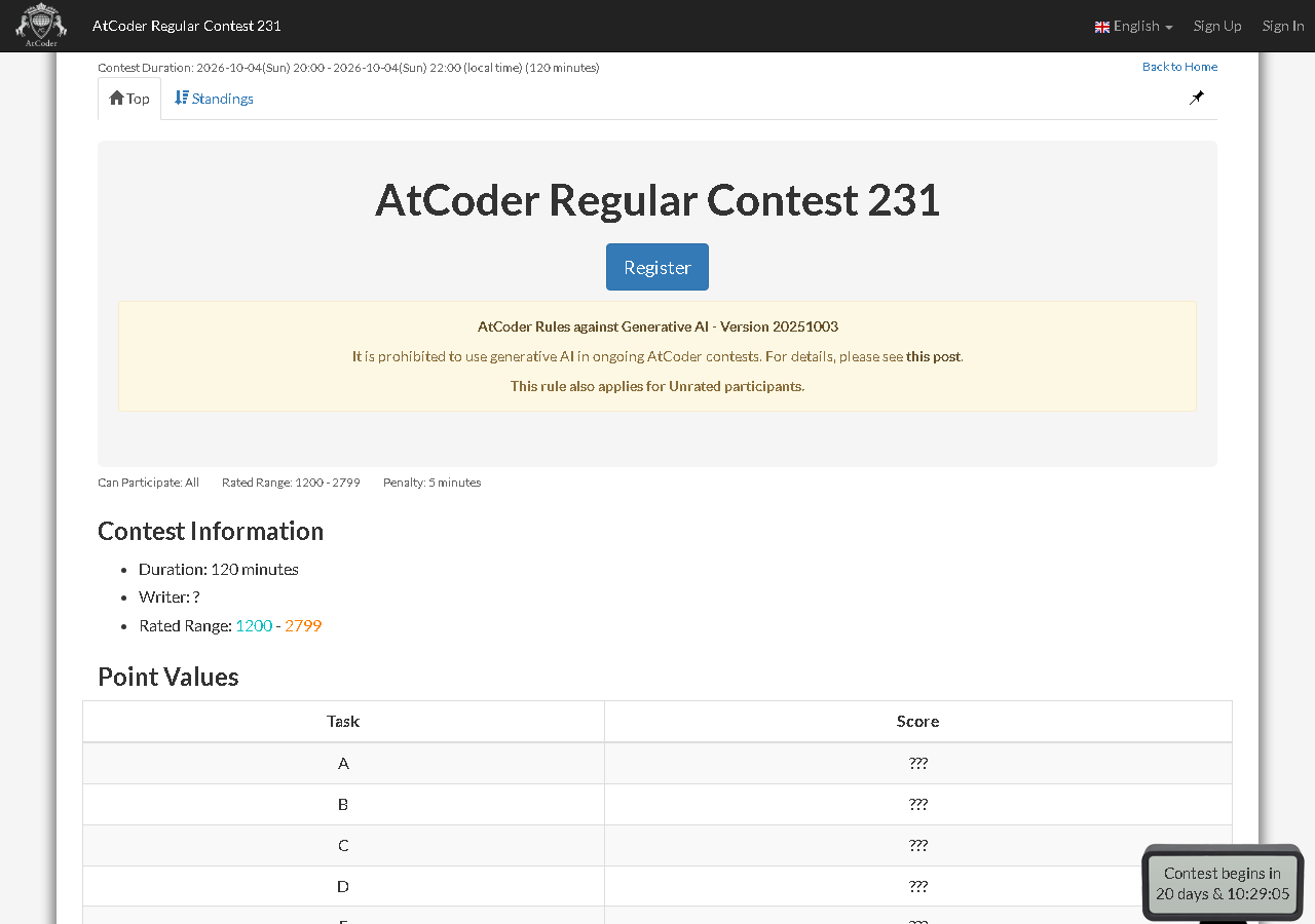 AtCoder Regular Contest 231